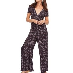 Free People Mia Jumpsuit Black W/ Pink Roses V-Neck Keyhole Back Size 2